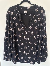 Anne Klein Blouse XL Black Floral Long Sleeve Split Neck Top picture
