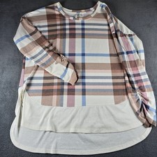 C. Wonder Womens Large Plaid Mixed Media Top Long Sleeve Ruched Brown Blue picture