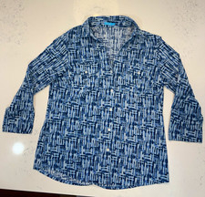 J. McLaughlin Womens Size M Blue/White Abstract Jersey Stretch Button-Up Blouse picture