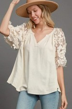 Women’s Boxy Cotton Top With 3D Floral Lace Sleeves picture
