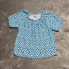 LOFT Outlet Blue White Geometric Print Smocked Off Shoulder Casual Summer Top XS picture