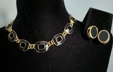 Vintage Signed Napier Necklace & Clip On Earrings Set Black Enamel Gold Tone picture