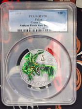 2019 Palau $10 0.999 Silver Green Dragon Antique Finish PCGS MS70 FDOI picture