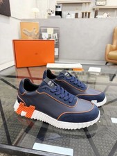 Hermes Bouncing Navy Leather & Suede Low Top Mens Sneakers Orange Outline picture