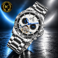 Men's 43MM Luxury Tourbillon Style Business Watch White Dial Silver Bracelet picture