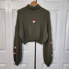 ROMWE Olive Green Mushroom Embroidered Cropped Turtleneck Sweater Large L Fairy picture