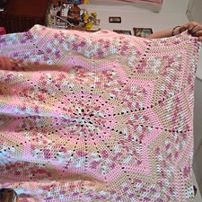 Vintage Handmade Crochet Floral Bed Throw Blanket Large Pink White Purple picture