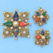 Vintage Sarah Coventry Brooch Earrings Set Rhinestone Faux Pearl Gold Tone -3776 picture