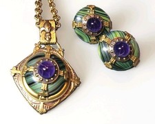Vintage Patrice  Gold Tone Art Deco Necklace And Clip On Earring Set picture