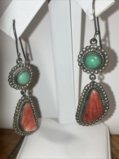 Vintage Navajo Red Spiny Oyster Shell Turquoise Sterling Dangle 2.5” Earring 925 picture