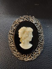 Victorian Revival Black Glass Cameo Brooch Pendant Gold Tone Ornate 2.5” 1950’s picture