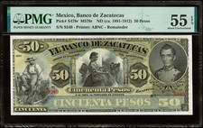 1891 Mexico Banco de Zacatecas 50 Pesos P#S478r PMG 55 AU Remainder Ultra Rare picture