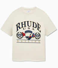 RHUDE Men's Beige USA Sailing Icon Graphic Logo Tee Shirt M Crew Neck picture