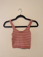 Full Tilt Juniors S Pink/White Striped Ribbed Stretch Wireless Pullover Tank picture