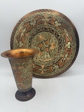 Vintage Hand Etched Copper Decorative Plate & Vase Set picture