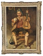 Framed Signed Giuseppe Giardiello Old Man with Guitar Oil on Canvas picture