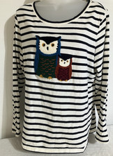 Talbots Plus 1X Black White Owl Friends Applique Long Sleeve Cotton Novelty picture