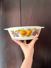 VTG JAJ Pyrex Kent Orchard Casserole Dish England Fruit Pattern Retro Milk Glass picture