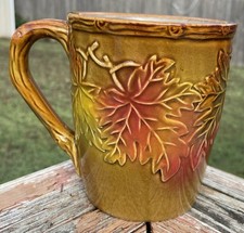 Vintage Fall Leaf Pattern Stoneware Coffee Mug Branch Handle 16 Ounce Large Cup picture