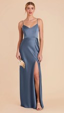 Birdy Grey Jay Satin Bridesmaid Dress Women's M Twilight Blue Formal Slit Gown picture