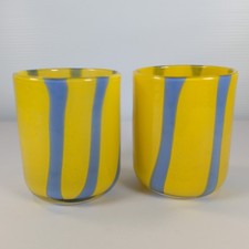 Anthropologie Ribbon Stripe Icon Juice Glass Cup Set Of 2 Matching Blue Yellow picture