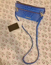 Brahmin Women’s Blue Crocodile Pattern Crossbody Zip Bag Gold Hardware Card picture