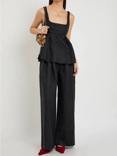 Faithfull The Brand Black 100% Linen Double Pleat Back Zip Wide Leg Pants US 6 picture