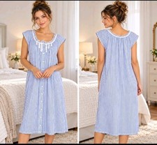 MISS ELAINE Sz M Cap Sleeve Midi Nightgown Striped Lace Ruffle Neckline  picture