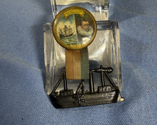 VINTAGE HENDRICK HUDSON -HUDSON RIVER METAL SHIP -CLERMONT PINBACK CELEBRATION picture