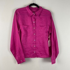 Sigrid Olsen Linen Button Up Shirt Size Large Pink Long Sleeve Pockets picture