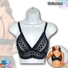 NWT iCollection XL Black Lace Bralette Soft Cup Wireless Longline V-Neck Sexy picture