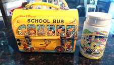Old Vintage Walt Disney Dome Metal School Bus Lunch Box W/Thermos 1960s picture
