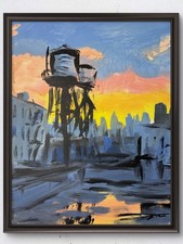 Original 14x11 Expressionist Urban Water Tower Sunset Painting Signed Canvas picture