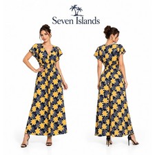 Seven Islands Petite Floral Maxi Dress Navy Yellow Smocked Waist PS 3518P-153 picture