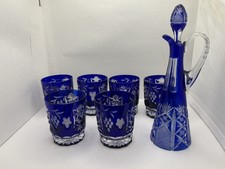 Ajka Crystal Nachtmann Cobalt Blue Decanter and 6 Cordial Blue Cut Glasses  picture