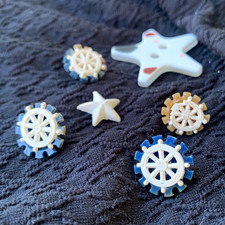 Vintage Nautical Button Lot of 6 Ship Wheels & Stars Blue Cream Ocean Celluloid? picture