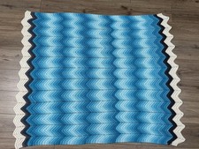 Vintage Hand Crocheted Blue Chevron Zig Zag Pattern Afghan Blanket 50