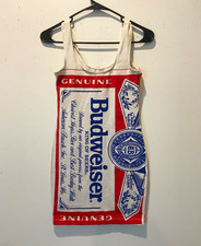 Vintage 80s Budweiser Dress Genuine Promo Bodycon Red White Blue picture