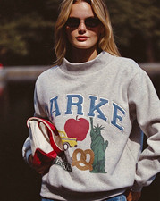 PARKE Women’s Gray Pullover Fleece Sweatshirt Mock Neck Logo Graphic Print S/M picture