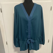 Les Serein NEW Top 2X Teal Peplum Bow Long Sleeve Stretch Blouse Office Casual picture