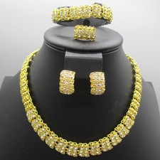 Vintage Rhinestone Parure Necklace Bracelet Adjustable Ring Earrings Sparkly  picture