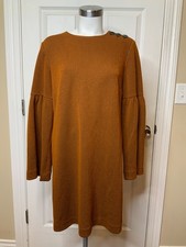 Tibi Brown Ribbed Flare Sleeve Button Shoulder Shift Dress, Size M picture