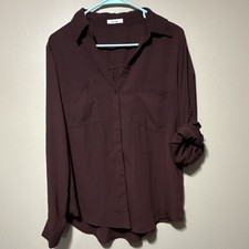 maurices Women's Burgundy Solid Collared Long Sleeve Button-Up Blouse Top L/XL picture