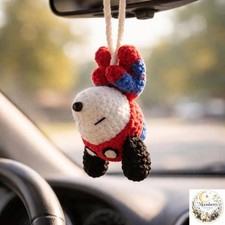 Handmade White Dog Crochet Car Hanging, Cute Puppy Rearview Mirror Charm picture