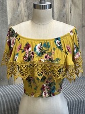 HAUTE PROJECT Off-Shoulder Crop-Top Women M Yellow Floral Rayon Smocked Capelet picture