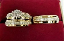 14k Yellow Gold Round White Diamond Prong Engagement/Wedding Ring Set Size 7 picture