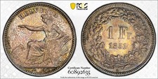 1851-A Switzerland 1 Franc PCGS MS63 Lot#G2296 Silver Beautiful Toning picture