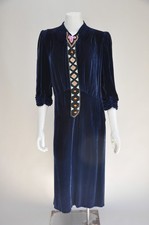Vintage 1930s 40s Blue Silk Velvet Dress w/ Beaded Front Art Deco Party Fall M-L picture