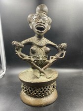 Vintage Tikar Bronze Maternity Statue Cameroon African Tribal Art Mother Twins picture