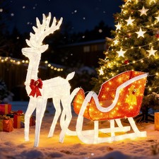 4FT Lighted Christmas Reindeer Santa Sleigh Set Xmas LED Pre-Lit Yard Decoration picture